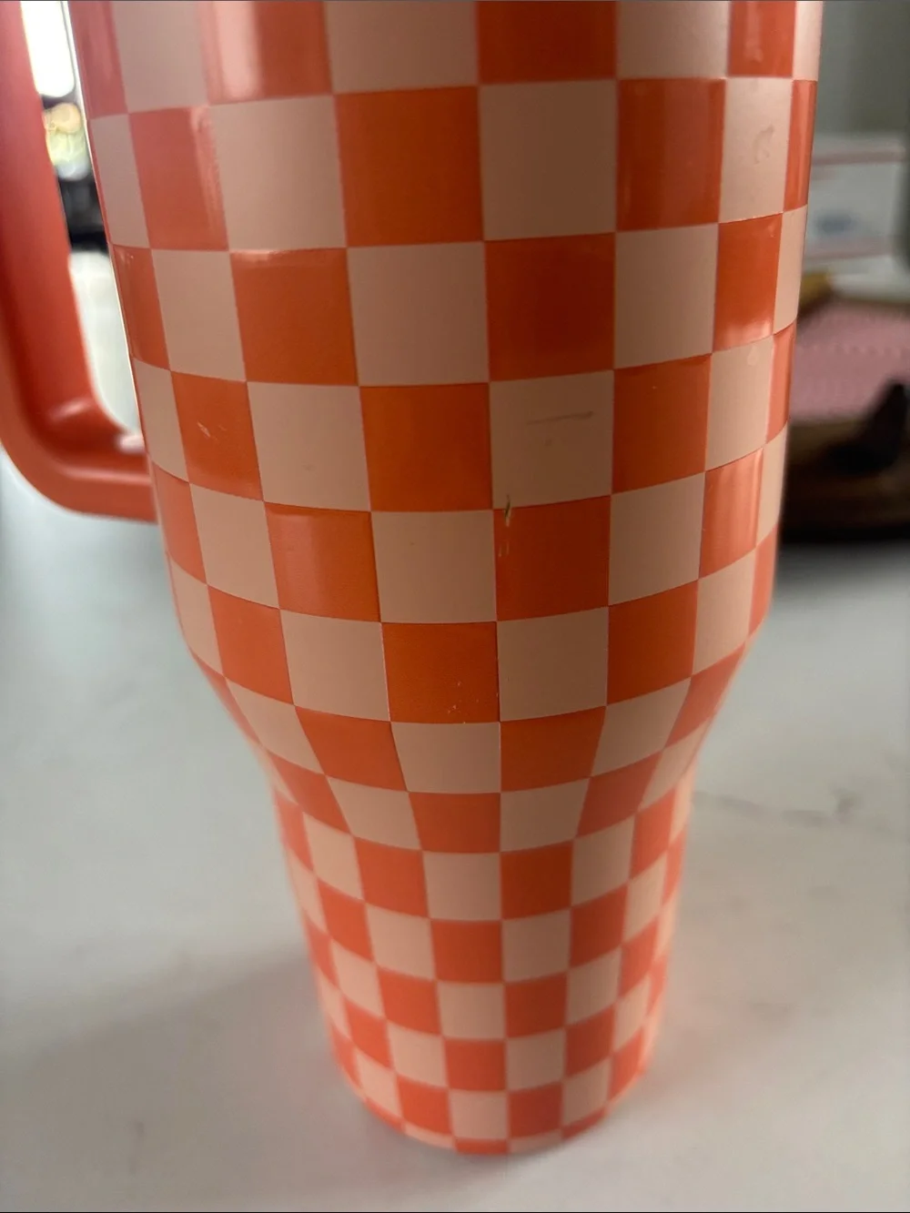 Hydro Flask Orange and Cream Checkered Insulated Tumbler with Handle and Straw